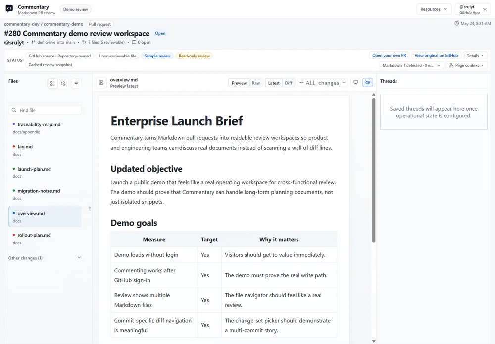 GitHub pull request in the document review workspace